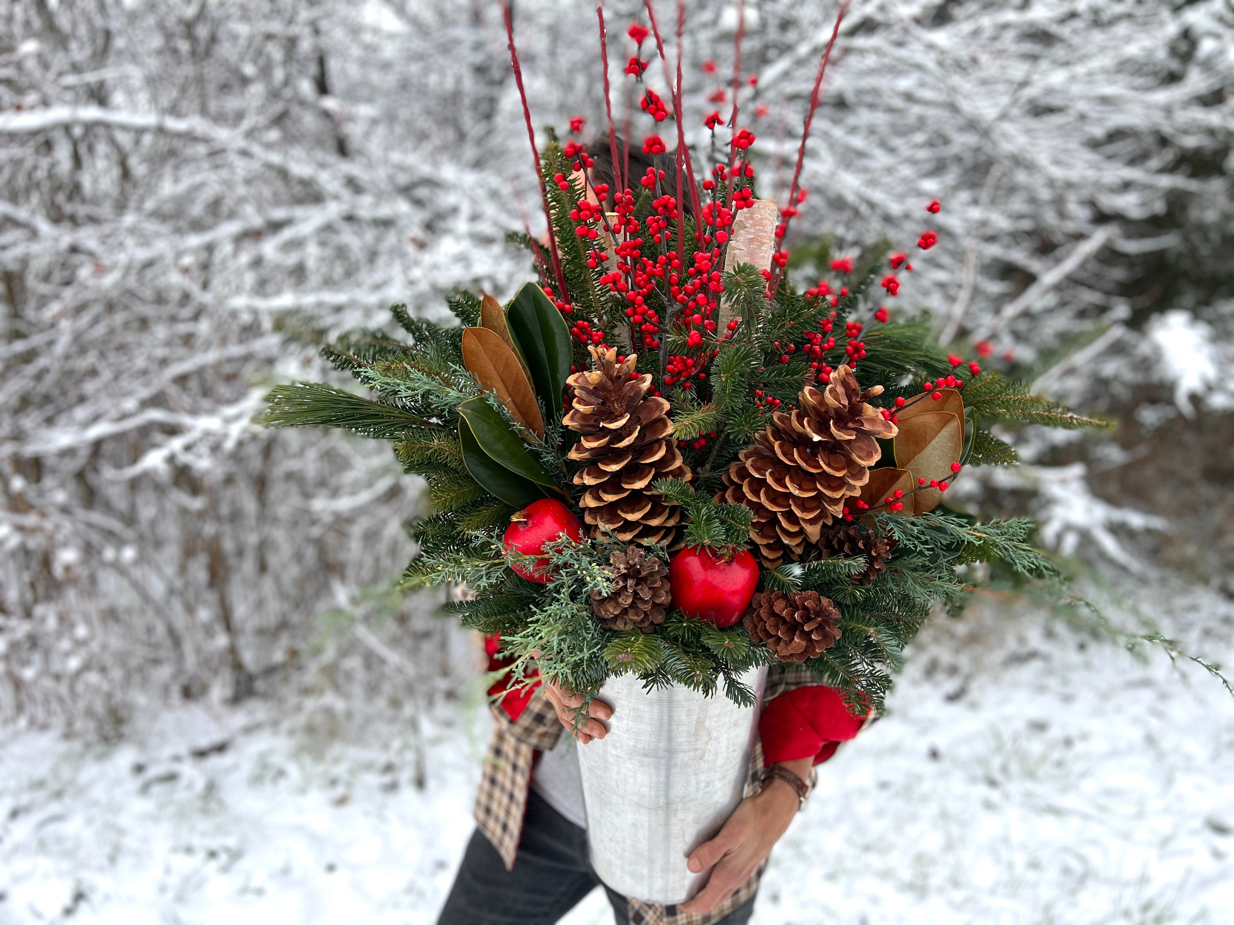 Someone holds a winter planter in a sap bucket with greens, pinecones, red berries, magnolia leaves and fruit in front of a snowy background.