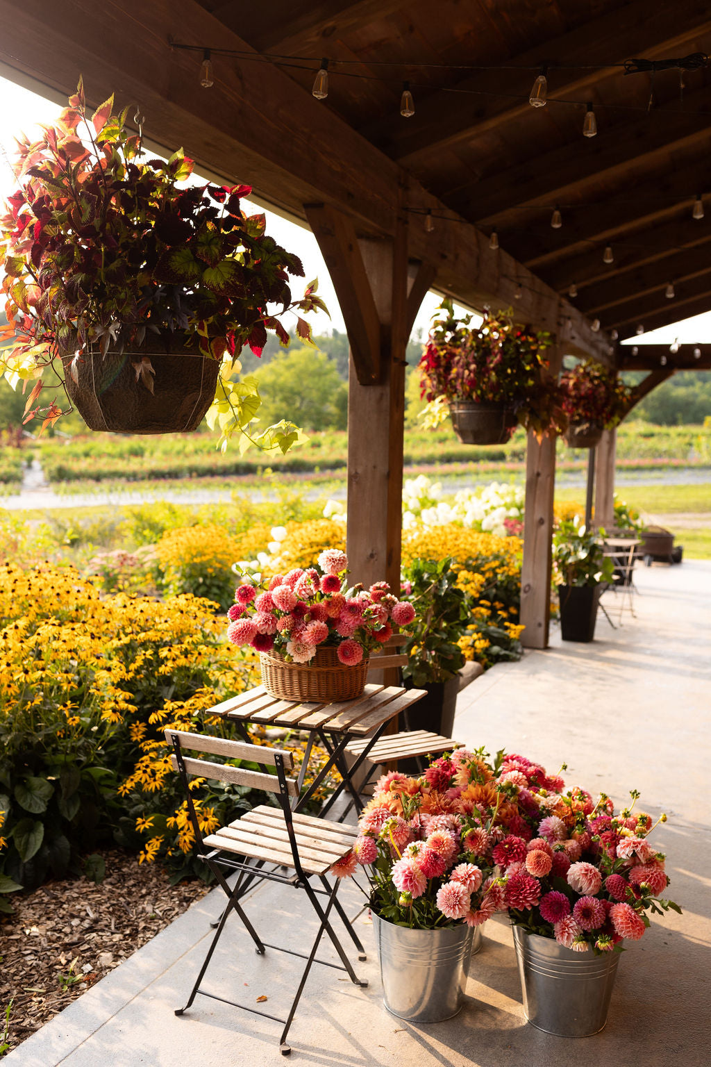 A wooden cafe table has a basket of fresh flowers on it, metal buckets with flowers are on the ground beside it.