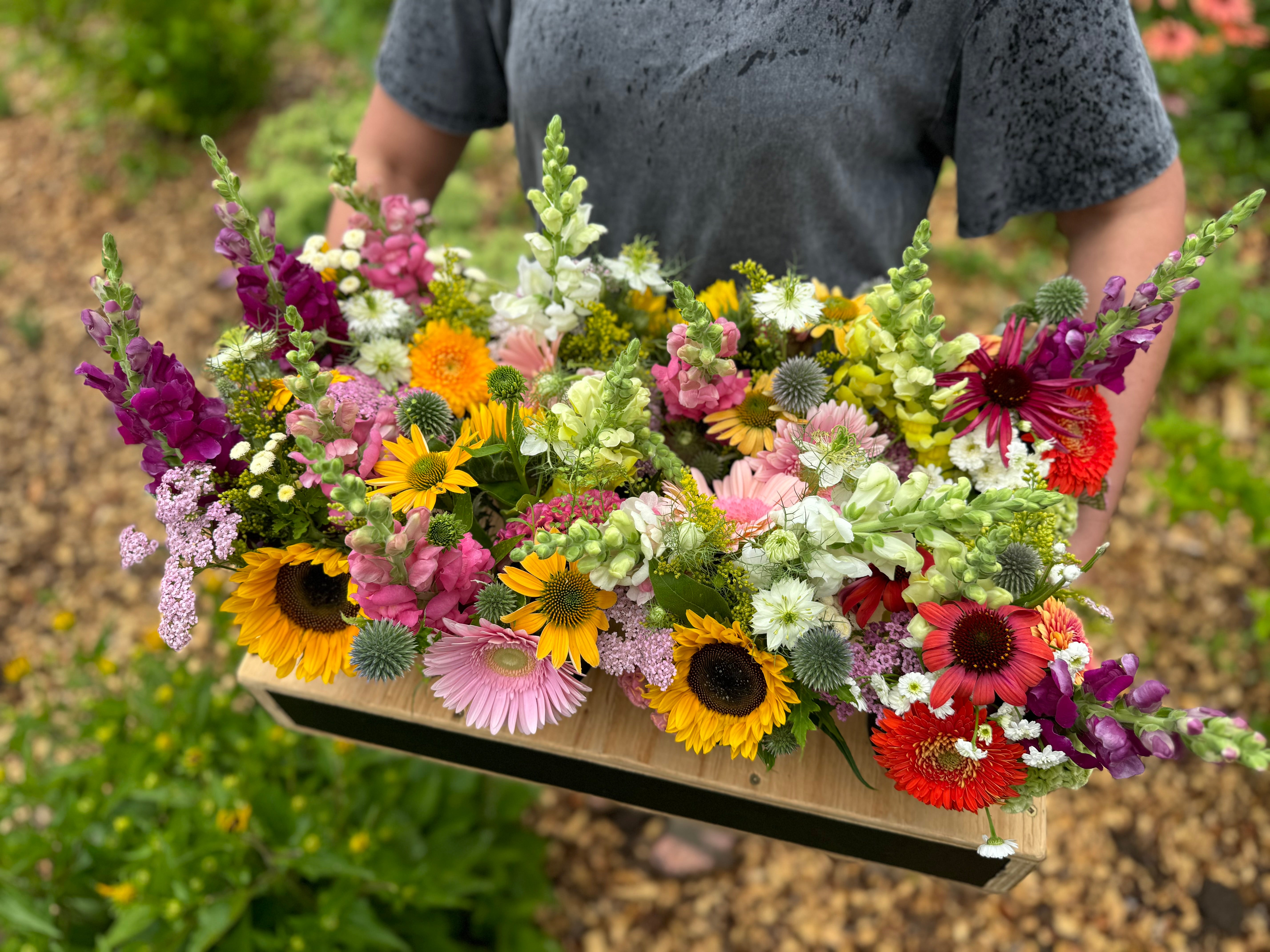 A display of eight mason jar arrangements in bright, summer colours.