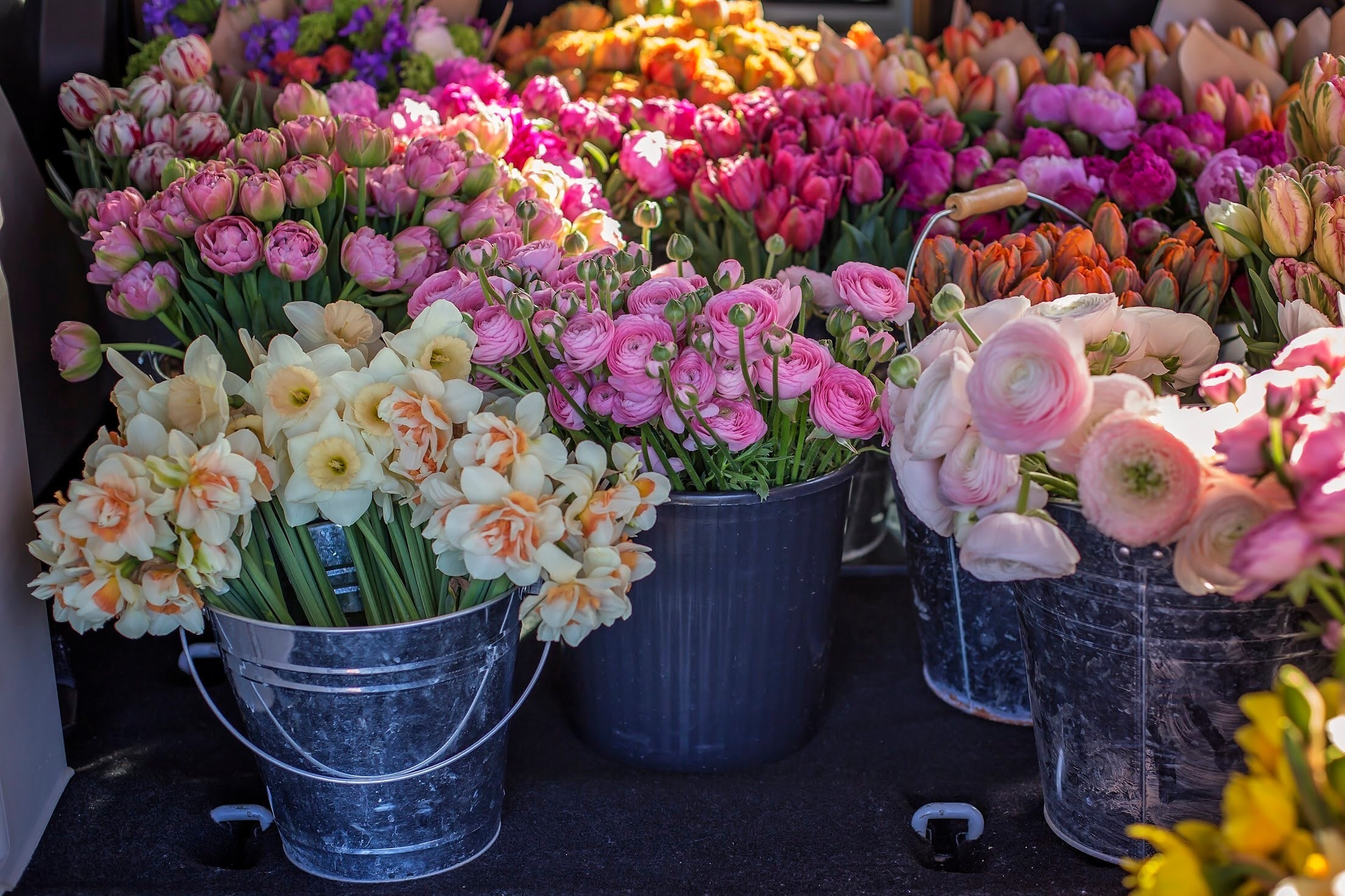 Variety of bouquets in tin flower pots