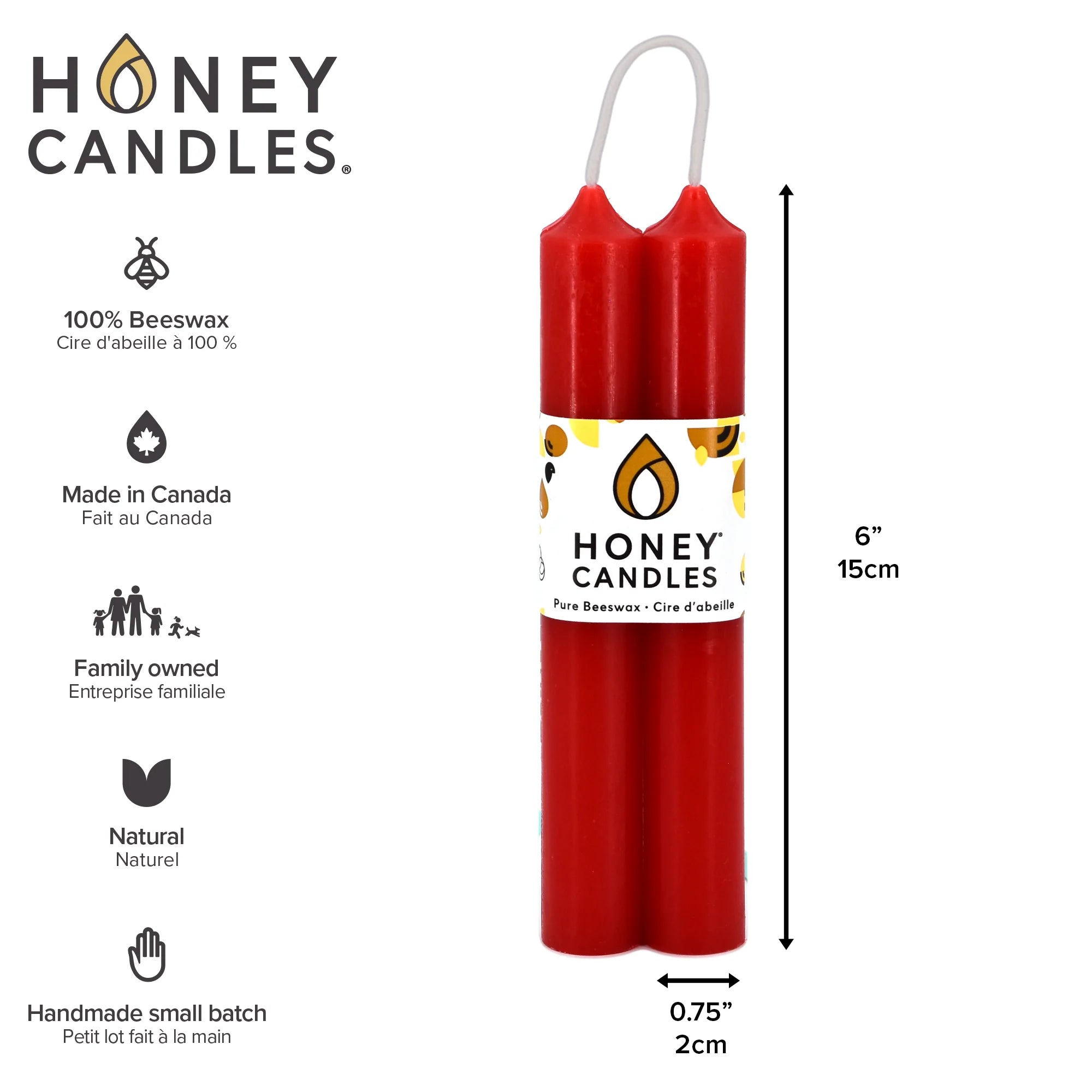 Red candle with Honey Candles branding and product details on a white background