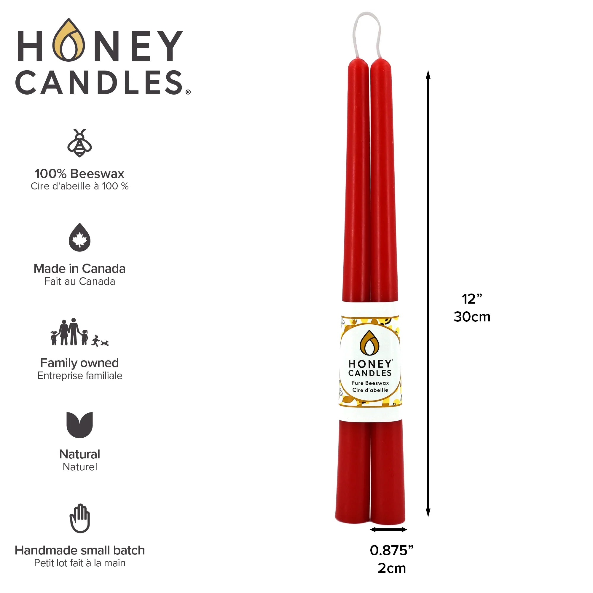 Red candles with Honey Candles branding and product details on a white background