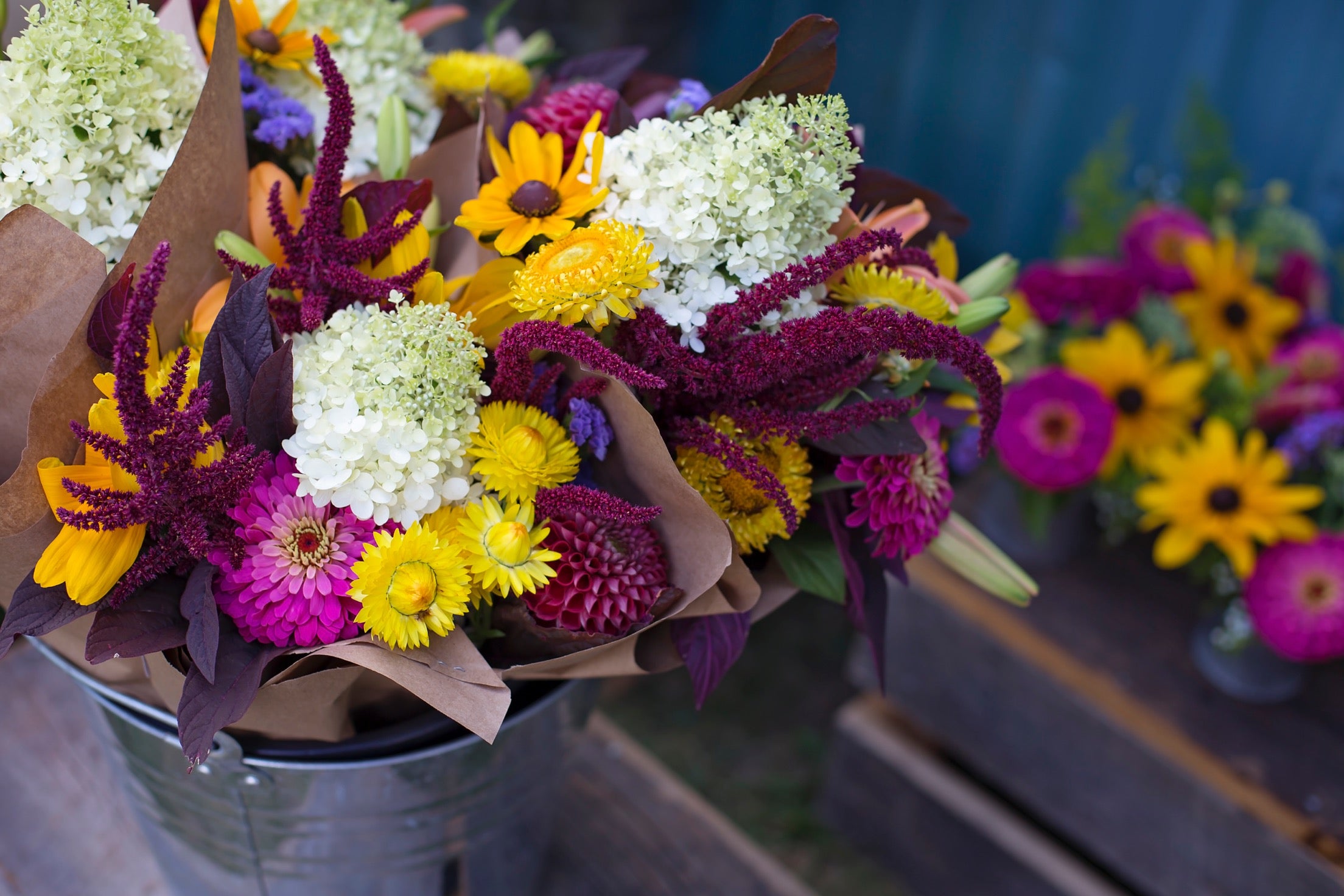 Close-up of a bouquet featuring white hydrangea, purple zinnia and dahlia, yellow straw flowers and foliage wrapped in kraft paper.