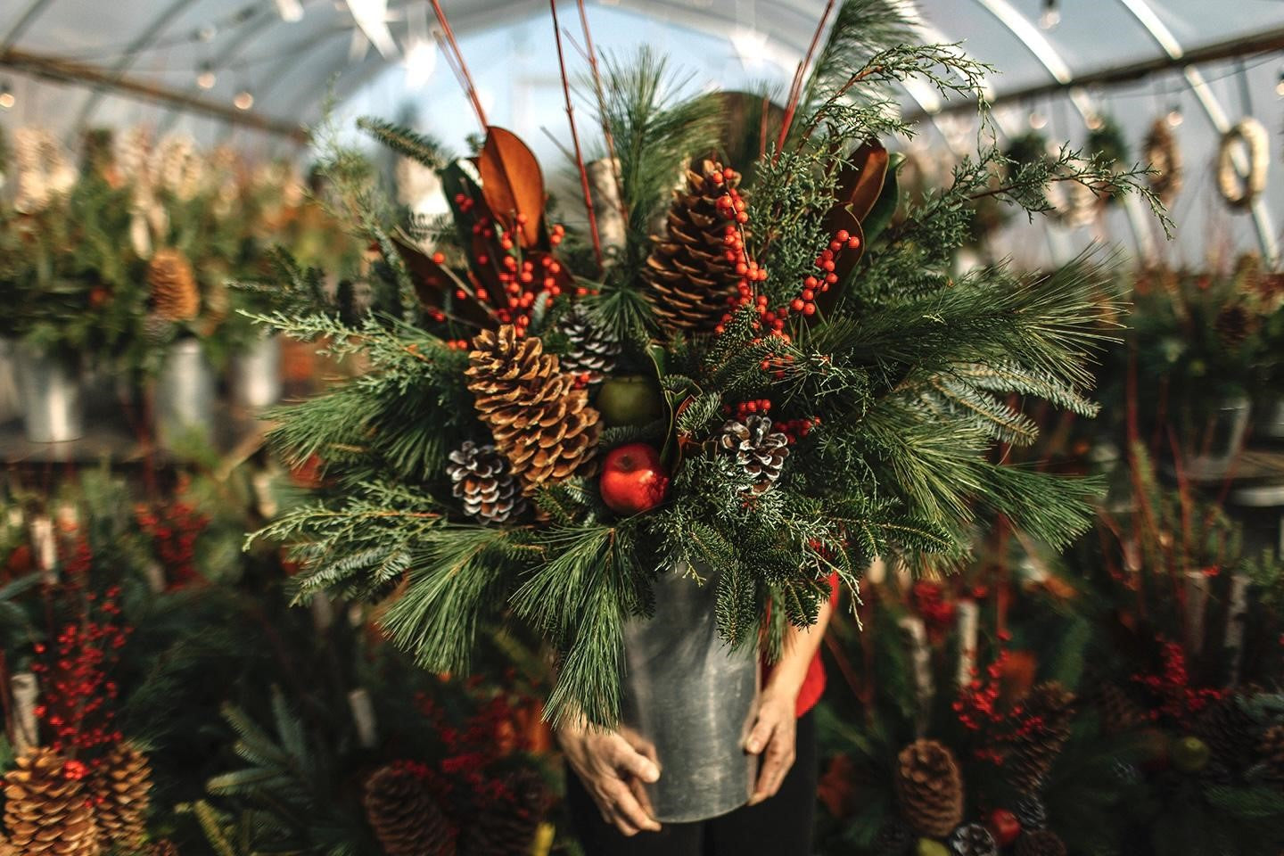 Someone is holding a metal sap bucket filled with various winter greens, birch poles, large pinecones, magnolia leaves, red berries and fruit.