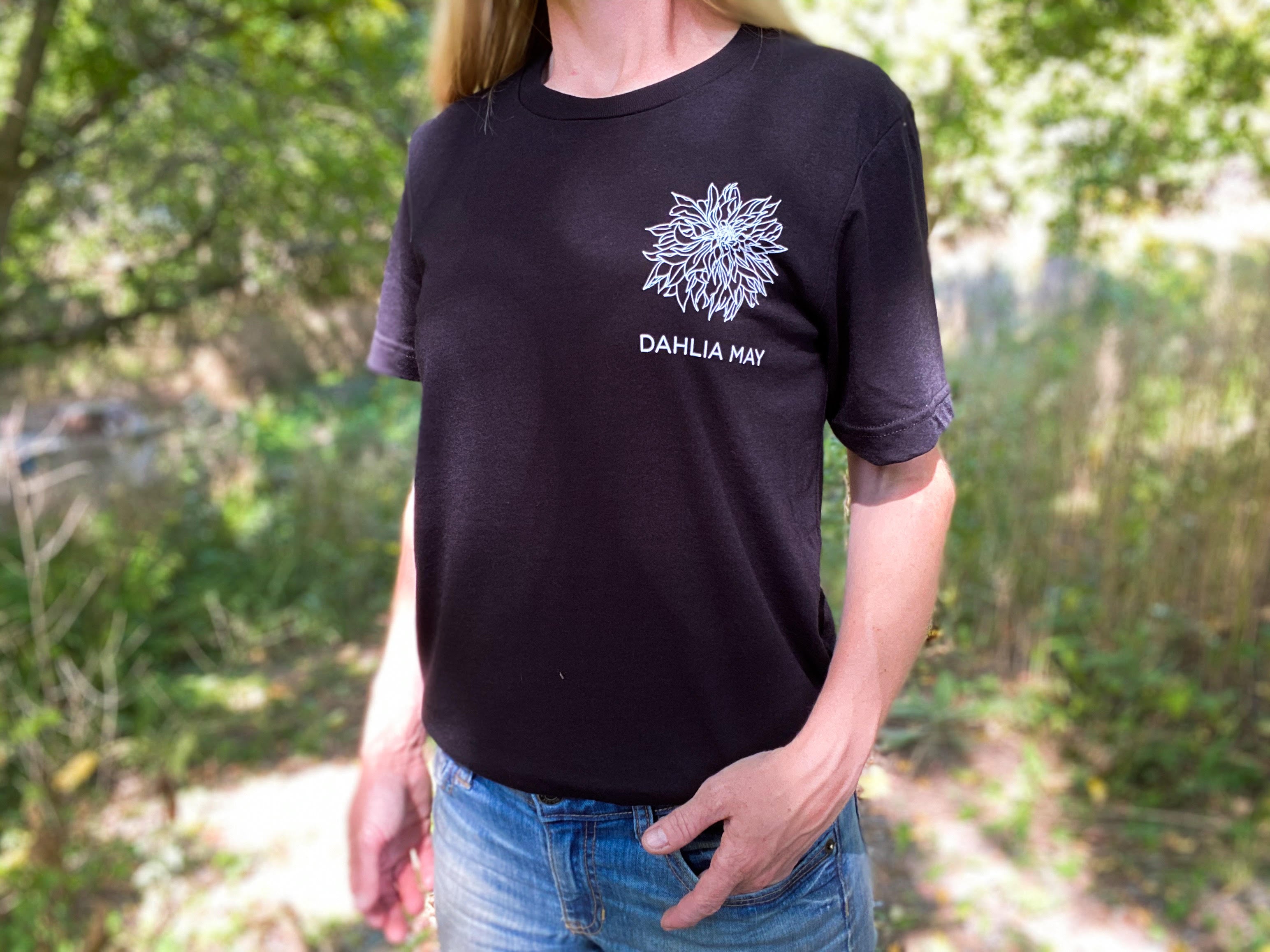 Front of t-shirt with Dahlia May logo